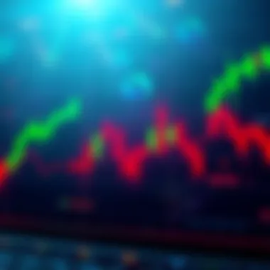 Cryptocurrency market volatility A graph showing fluctuating cryptocurrency prices with green and red candlesticks, indicating market ups and downs