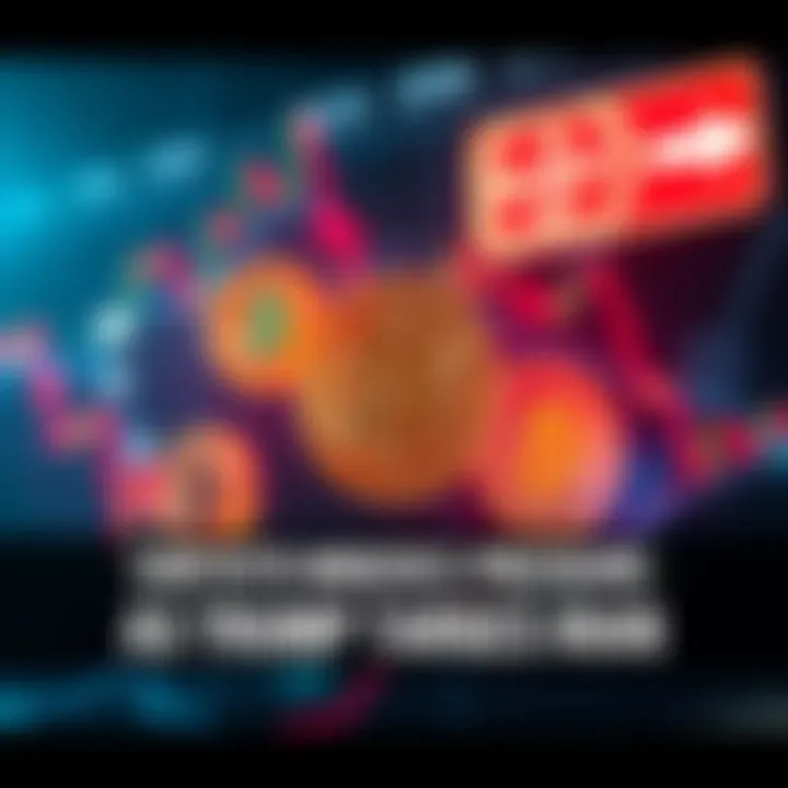 A visual representation of cryptocurrency symbols facing downward trends in price due to geopolitical tensions, with an overlay of a headline about Trump and Iran.