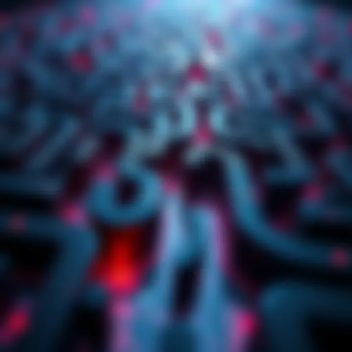 A digital maze symbolizing the complexity of cryptocurrency trading with pitfalls representing hidden fees and valuation issues.