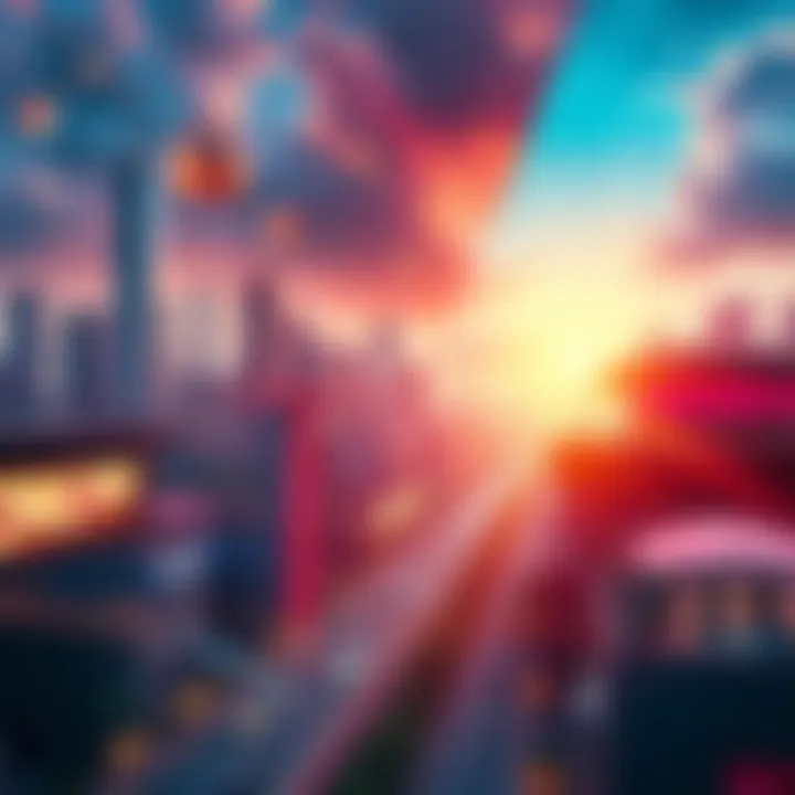 A contrasting visual of a futuristic cityscape and a chaotic meme-driven marketplace A sleek city skyline juxtaposed against a chaotic scene of meme coins and celebrity endorsements