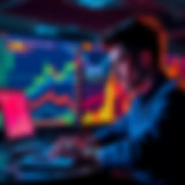 A person looking at cryptocurrency charts on a laptop, dreaming of wealth and success in the crypto market.