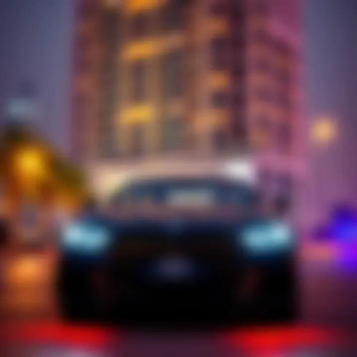 A scene depicting a luxurious car parked outside a high-rise building in the UAE, symbolizing wealth and danger surrounding a kidnapped couple.