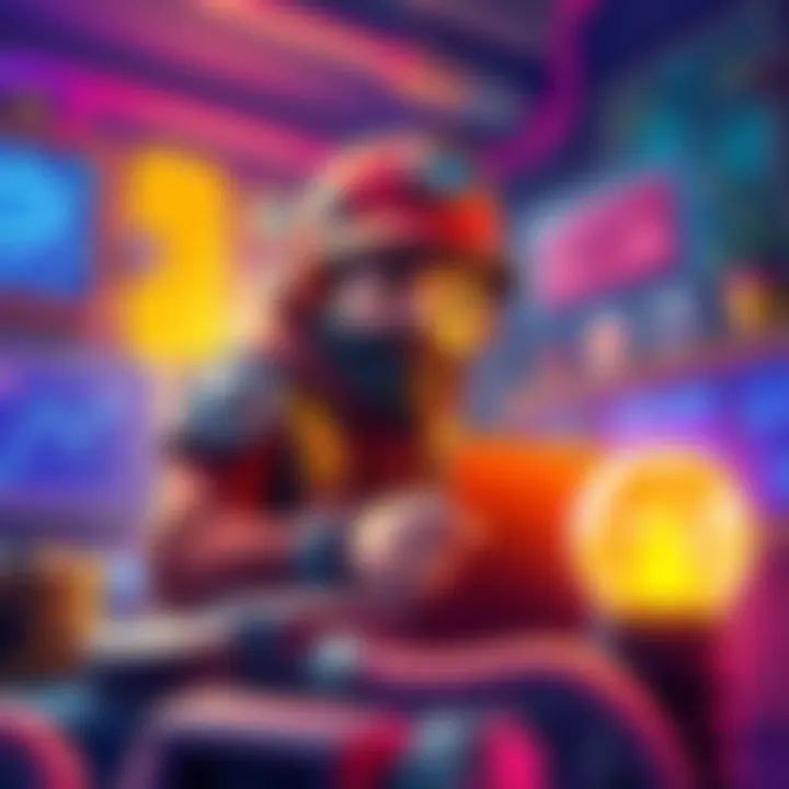 Crypto Miner Tycoon Game Expansion A colorful scene showcasing a character in Crypto Miner Tycoon working on expanding the game, with digital graphics representing web upgrade tasks.