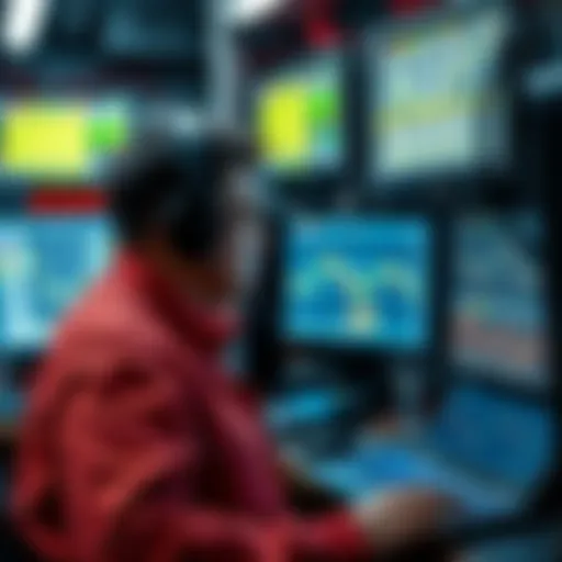 A dedicated crypto miner monitoring equipment with screens displaying data during a quiet market period.