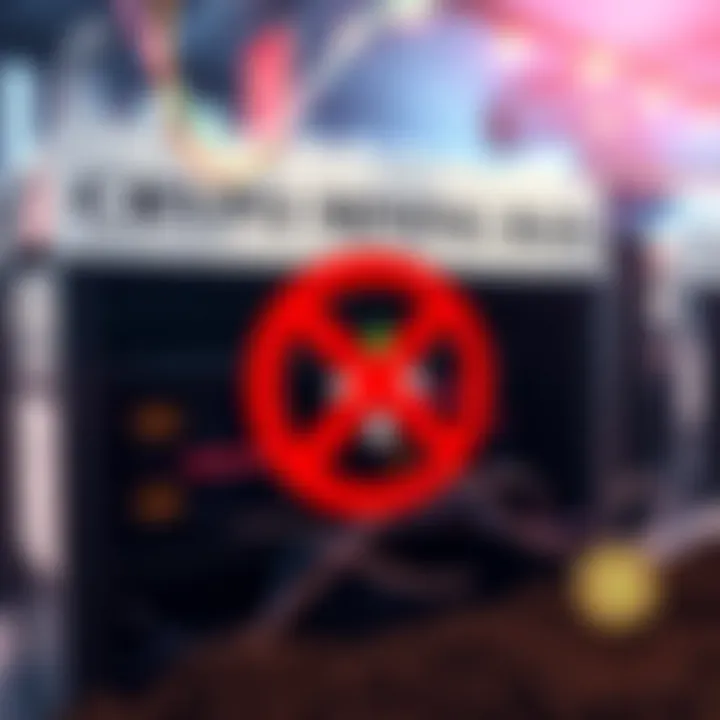 A newspaper headline announcing the first crypto mining ban in North America, with a graphic of crossed-out mining rigs and a green energy symbol.