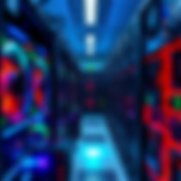 A close-up of cryptocurrency mining rigs with cooling fans and graphics cards in a data center.