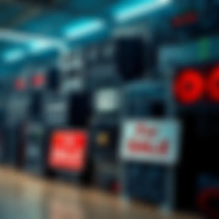 A collection of old crypto mining rigs stacked together, with a sign that says 'For Sale'.