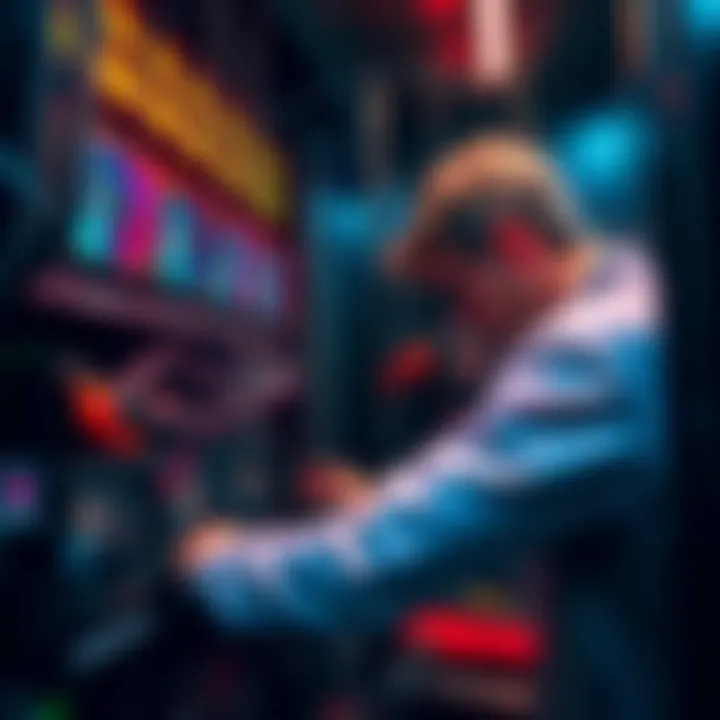 Crypto mining equipment A person setting up cryptocurrency mining rigs with multiple graphics cards and computer hardware.