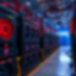 A cryptocurrency mining farm with rows of mining rigs and cooling fans, showcasing the setup for generating profits.