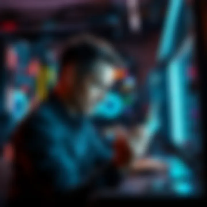 A person examining computer hardware used for crypto mining, with graphics cards and mining rigs visible in the background.
