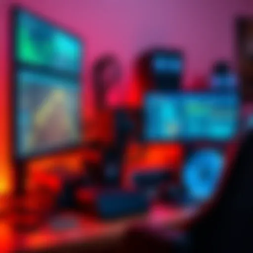 A beginner-friendly crypto mining rig with hardware like GPUs and a power supply, set up on a desk with monitors displaying mining software.