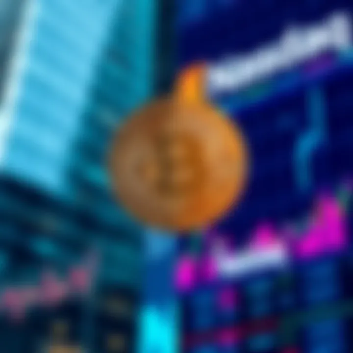 A split image showing a cryptocurrency coin on one side and Nasdaq stock market charts on the other, representing the connection between crypto and traditional trading.