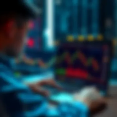 A newcomer analyzing cryptocurrency price charts on a laptop, with a confused expression. Candlestick charts show recent price surges and drops.