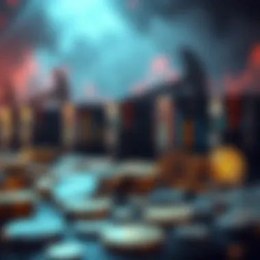 A digital representation of various cryptocurrencies with oil barrels in the background, illustrating the connection between the energy market and digital currencies.