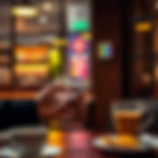 A customer uses a smartphone to make a cryptocurrency payment at a cafe, with coffee and food visible on the table.
