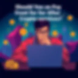 A person contemplating payment options for crypto services with a laptop and crypto symbols around them.
