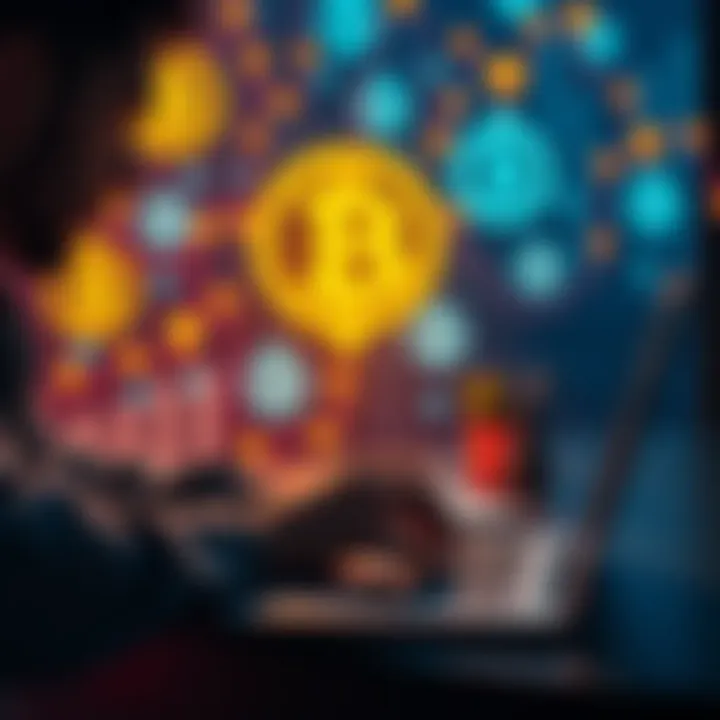 A person configuring a cryptocurrency payment system on a laptop, with digital currency symbols in the background.