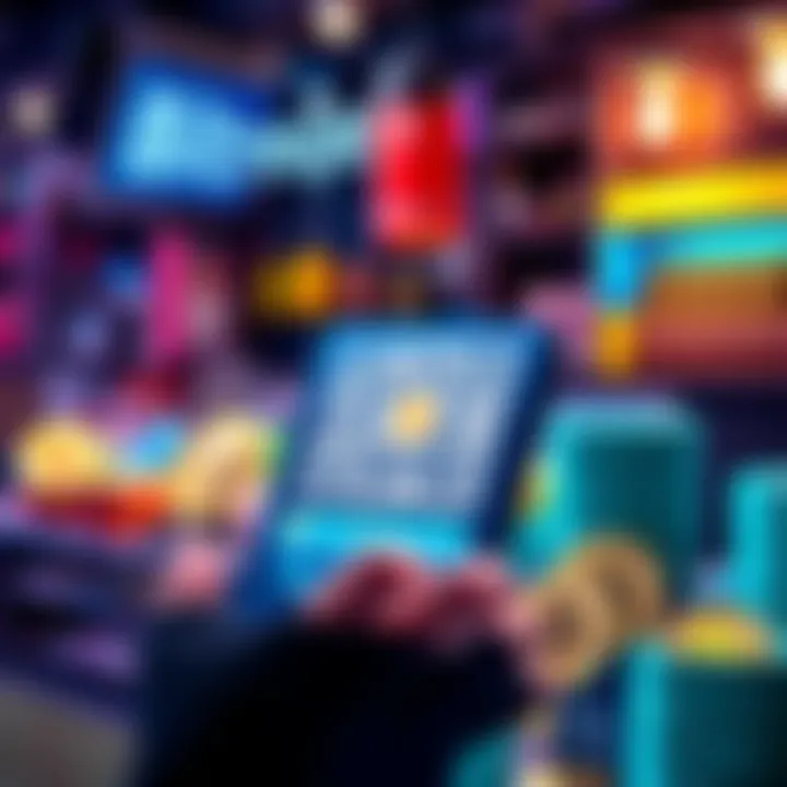 A merchant scanning a QR code to accept cryptocurrency payments without fees, surrounded by various crypto coins.