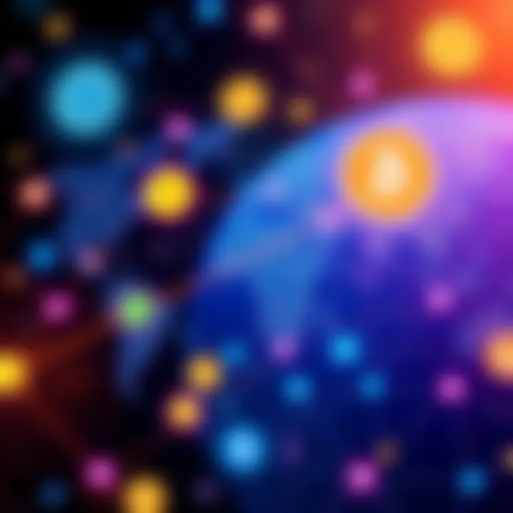 A digital illustration showing global transactions using cryptocurrency, with icons representing different currencies and a blockchain network connecting various countries.