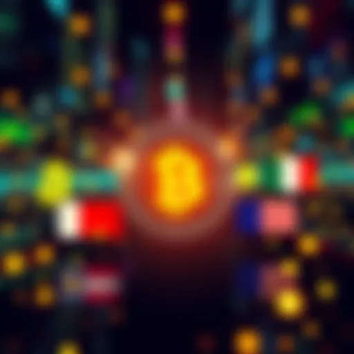 A graphic representation of cryptocurrency symbols being used for payments between different countries, highlighting legal trade despite local bans.