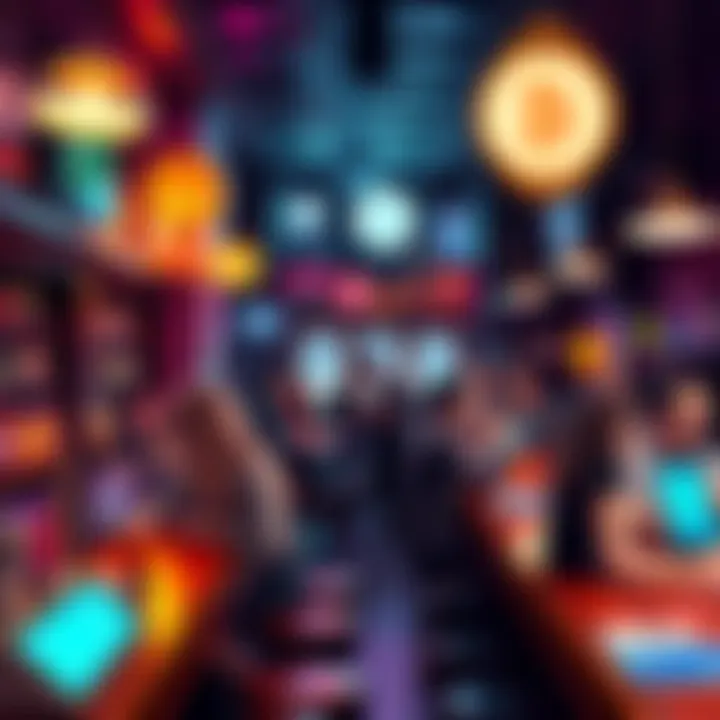 A trendy bar in New York City with patrons discussing cryptocurrency payments, featuring digital payment options on the counter.