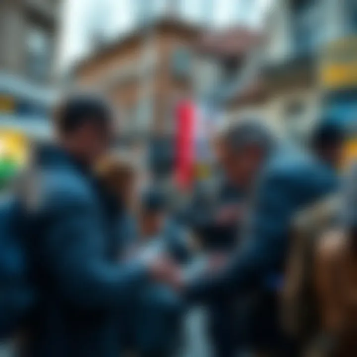 A group of people engaging in a peer-to-peer cryptocurrency exchange in a public space