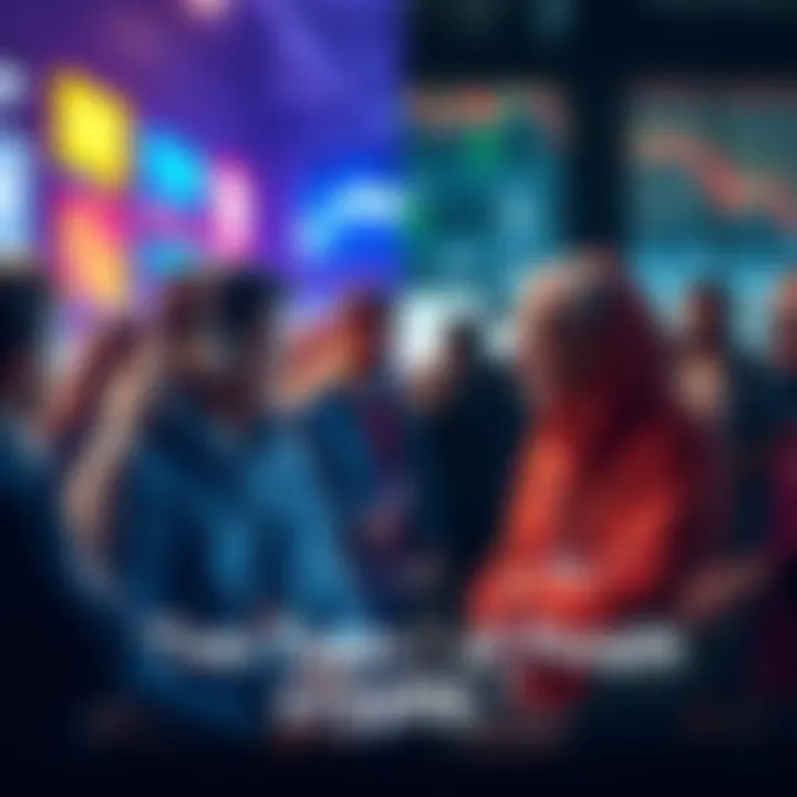 A split image showing two groups of people discussing cryptocurrency, one group is enthusiastic, wearing hoodies and sharing ideas, while the other is serious, analyzing charts and data.