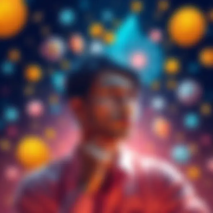 A person thinking with cryptocurrency symbols around them, promoting the BMTI contest