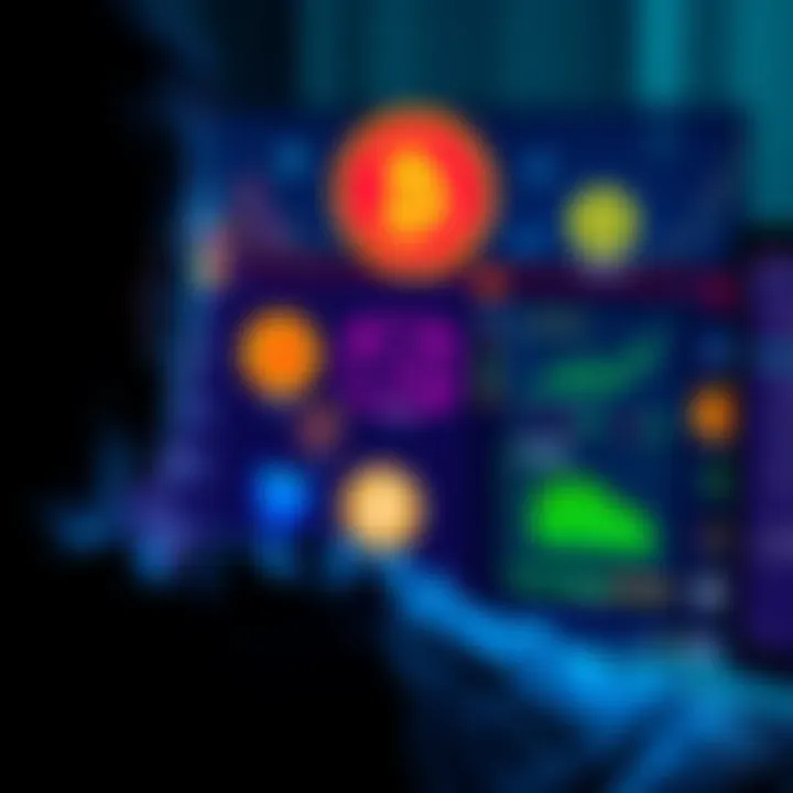A person looking at a computer screen displaying cryptocurrency platforms, with wallet icons around them.