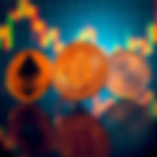 Visual representation of Bitcoin, Ethereum, and Dogecoin logos with a market chart background