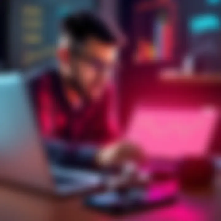 Crypto Portfolio Adjustment An investor analyzing their crypto portfolio on a laptop, looking at charts and considering converting assets.