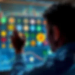 A person analyzing a variety of cryptocurrency logos on a digital screen, weighing options for investment balance.