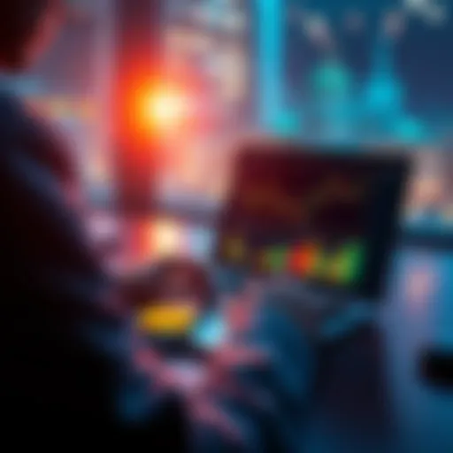 A person analyzing their cryptocurrency portfolio on a laptop, with charts and digital coins displayed on the screen.