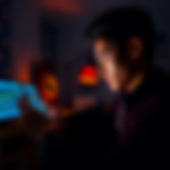 Individual looking at a smartphone displaying cryptocurrency charts in a dark room