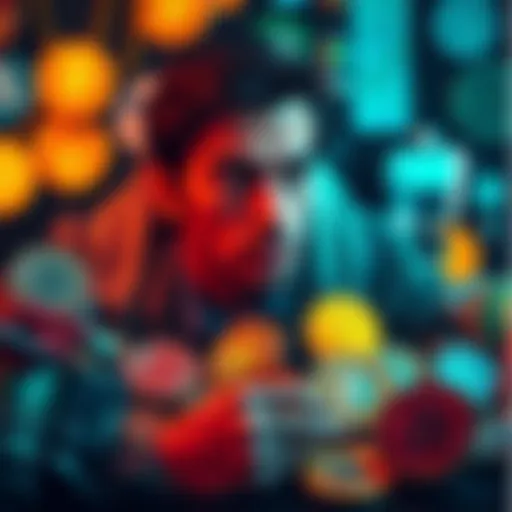 A person surrounded by various cryptocurrency tokens looking concerned as they review their investment portfolio