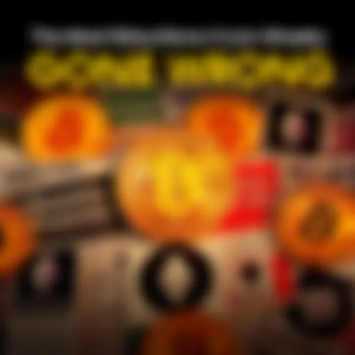 A collection of headlines featuring outrageous crypto predictions and failed forecasts from analysts and enthusiasts, with a background of Bitcoin and Ethereum logos.