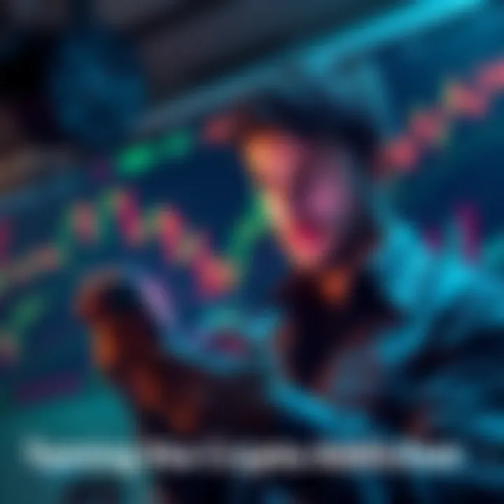 A focused individual looking at cryptocurrency prices on a smartphone, surrounded by financial charts and graphs, representing the obsession with market trends.