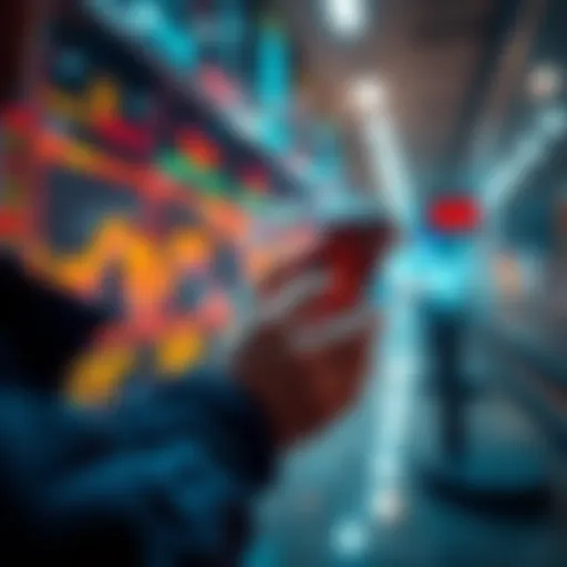 A person checking crypto prices on a smartphone with charts showing rapid changes.