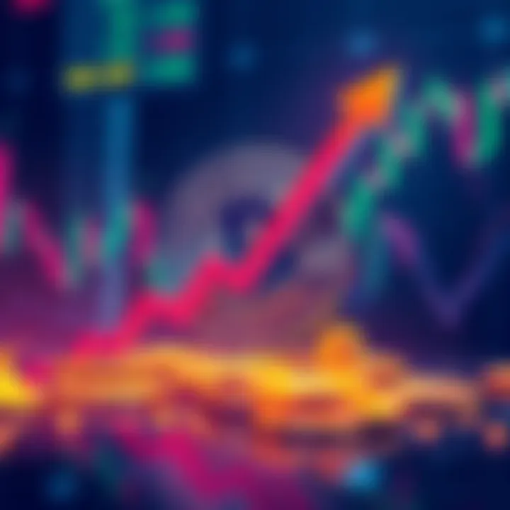 A digital coin with an upward arrow symbolizing a potential price increase, set against a backdrop of fluctuating market graphs.