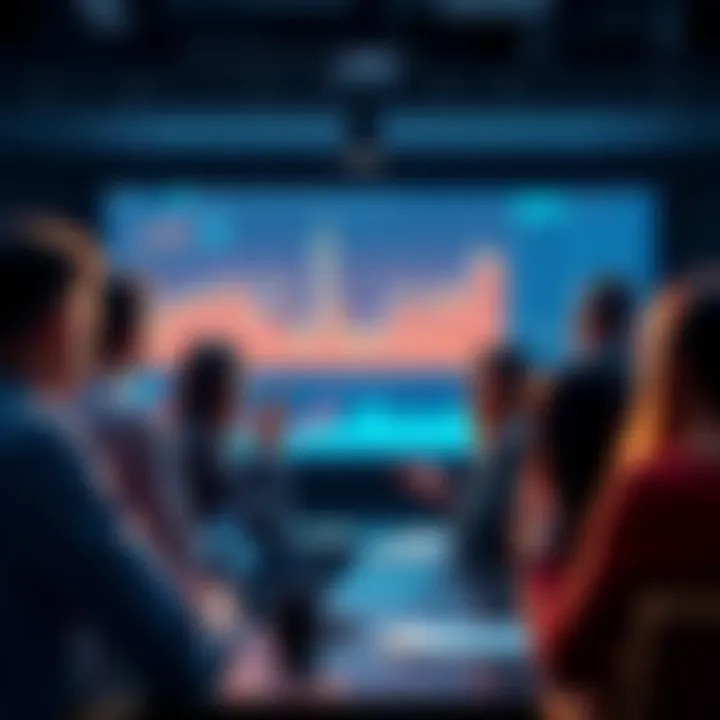 A group of people discussing their cryptocurrency price targets with charts and graphs on a screen