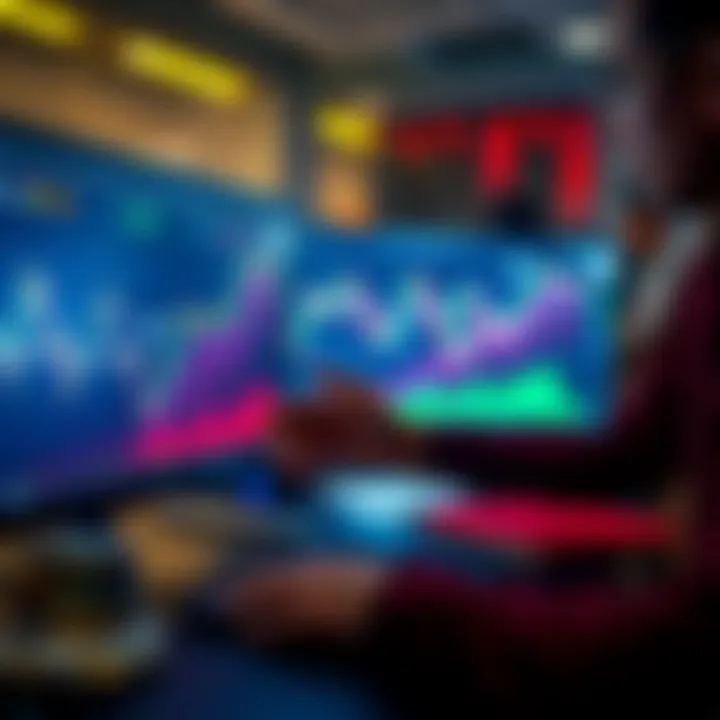 A trader analyzes cryptocurrency data on a computer screen, looking at rising graphs and charts, symbolizing profit gains.