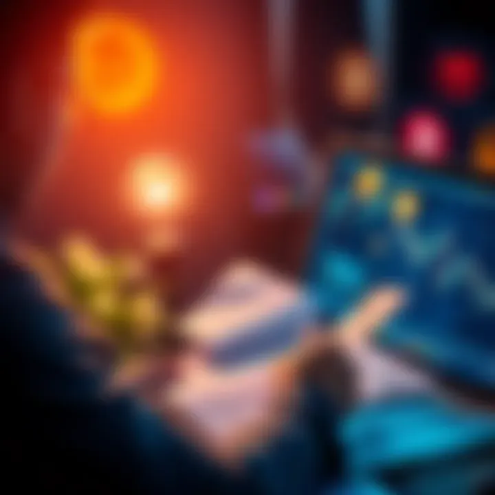 Crypto Project Launch A person reviewing documents and a laptop with cryptocurrency symbols on the screen, planning a new crypto project.