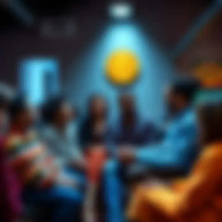 Group of diverse individuals sharing their experiences about overcoming cryptocurrency losses in a supportive setting