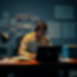Person reflecting on cryptocurrency A person sitting at a desk with a laptop, deep in thought about cryptocurrency, surrounded by notes and charts.