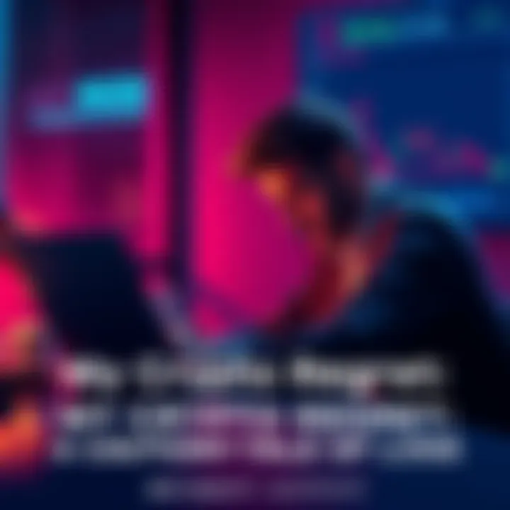 A person sitting at a desk with a downturned expression while looking at a declining crypto investment graph on a laptop screen