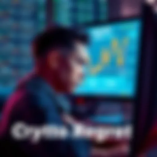 A person looking distressed while staring at a computer screen showing falling cryptocurrency values.