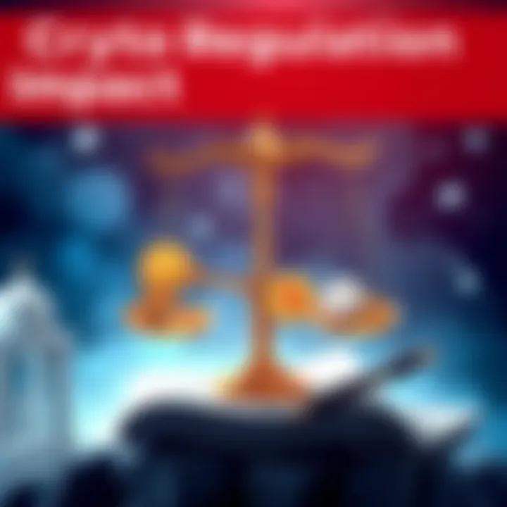 A digital illustration showing a scale balancing cryptocurrencies and legal documents, symbolizing the challenges faced by the crypto industry due to new regulations.