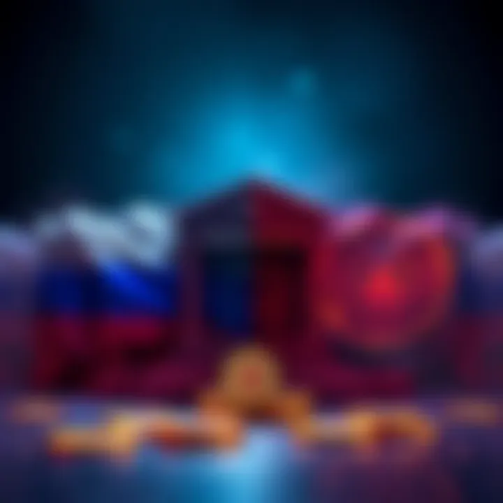 Cryptocurrency Regulation in Russia Visual representation of contrasting views on cryptocurrency regulation in Russia with Central Bank and Finance Ministry symbols