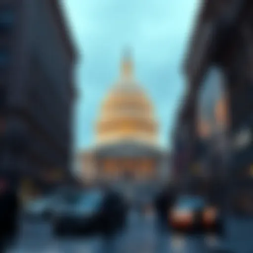 A Wall Street setting with an image of the U.S. Capitol building and cryptocurrency symbols, symbolizing the new regulations from the Clarity Act.