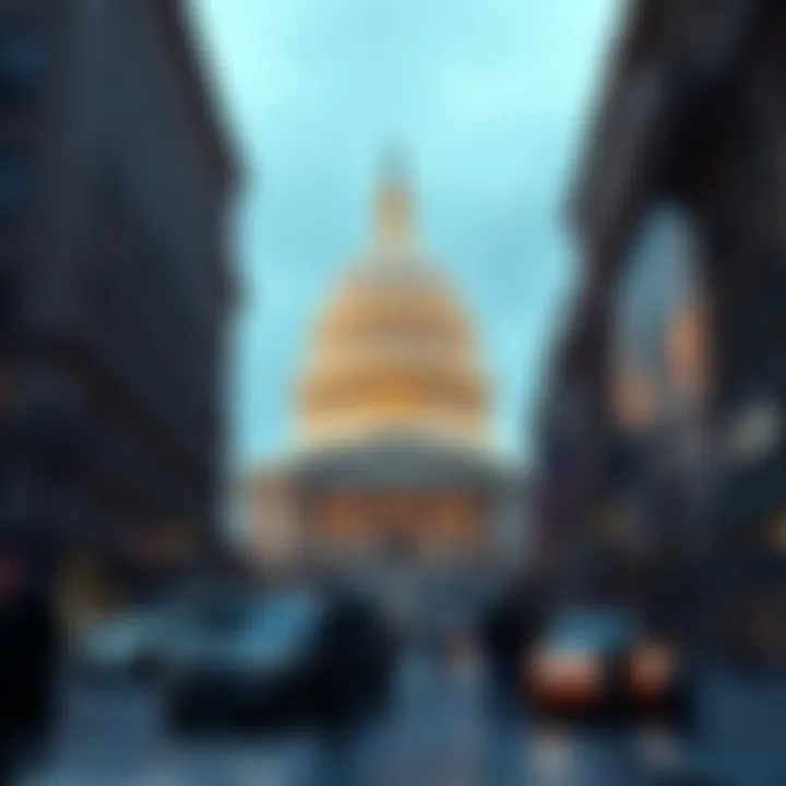 A Wall Street setting with an image of the U.S. Capitol building and cryptocurrency symbols, symbolizing the new regulations from the Clarity Act.